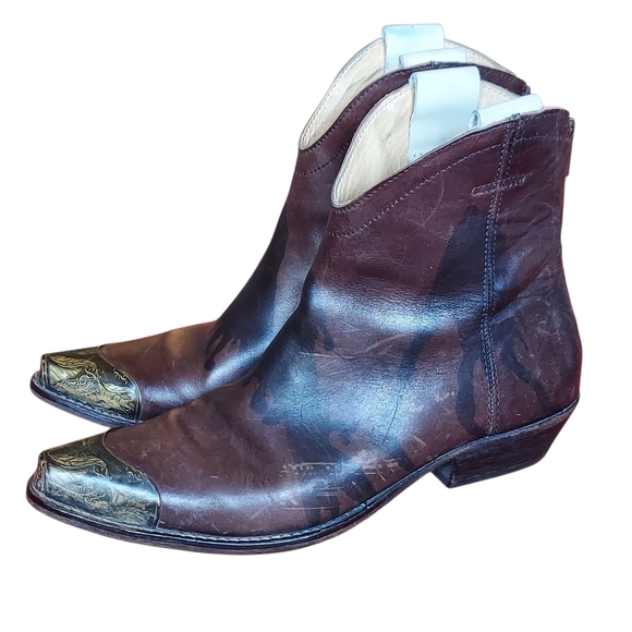 Free People Brown Leather Ankle Boots with Gold Toe - Picture 1 of 16
